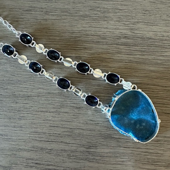 0607 Solar Quartz Druzy Tanzanite Big Geode Statement Necklace Silver Jewelry - Picture 7 of 10